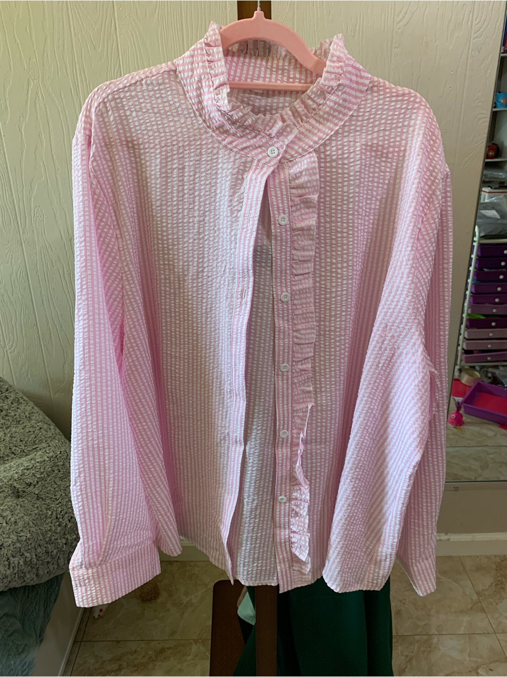 Pink Ruffled Button-Up Blouse